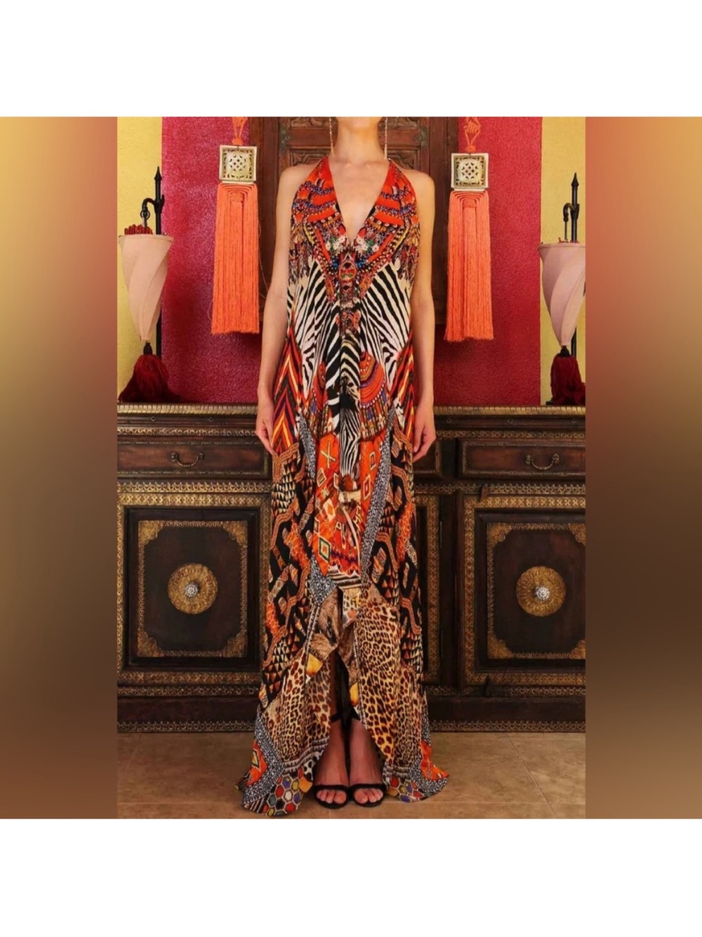 Shahida Parides Tribal Silk Dress Maxi Size Medium Tropical Resort Vacation